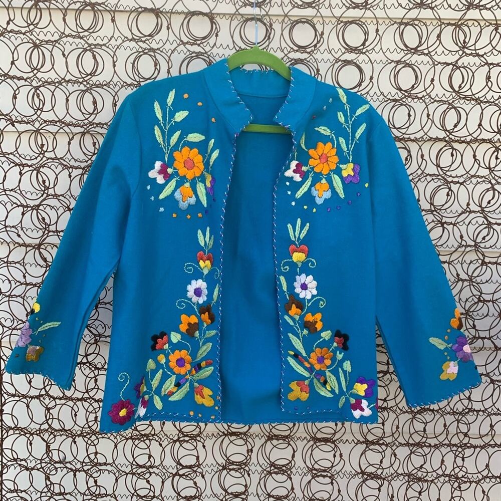 Vintage Blue Wool Folk Art Boho floral embroidery open jacket